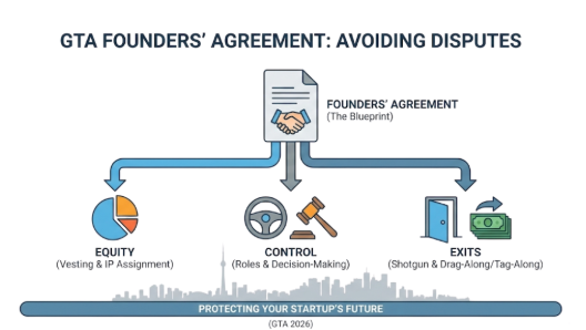 What key terms should GTA startups include in a founders’ agreement to avoid disputes over equity, control, and exits?