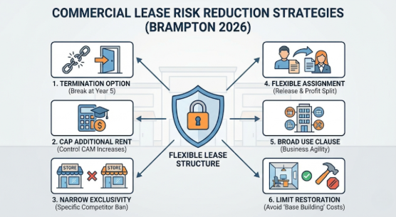 How should Ontario corporations structure commercial leases in Brampton plazas and office buildings to reduce risk in a slow real estate market?