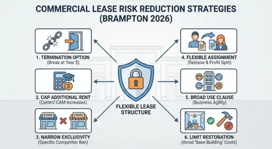 How should Ontario corporations structure commercial leases in Brampton plazas and office buildings to reduce risk in a slow real estate market?