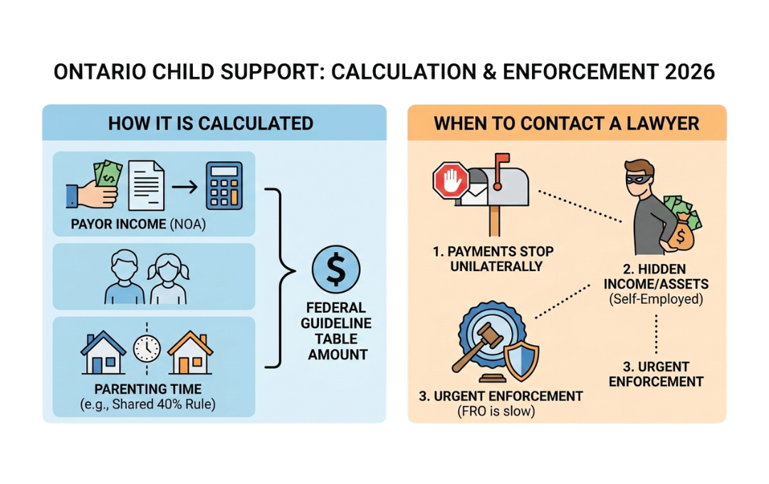 How is child support calculated in Ontario, and when is it time to contact a family court lawyers near me if payments stop?