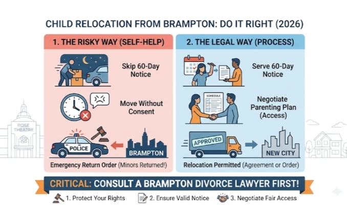 Can a parent relocate with children from Brampton to another city, and why is it critical to consult a divorce lawyer Brampton first?