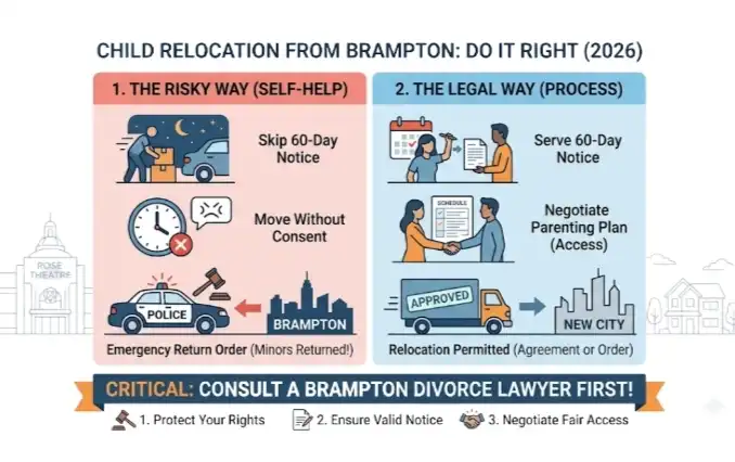 Can a parent relocate with children from Brampton to another city, and why is it critical to consult a divorce lawyer Brampton first?