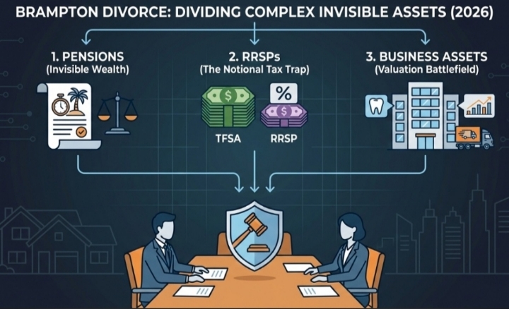 How are pensions, RRSPs, and business assets divided in a Brampton divorce, and when should you involve a family lawyer with property experience?